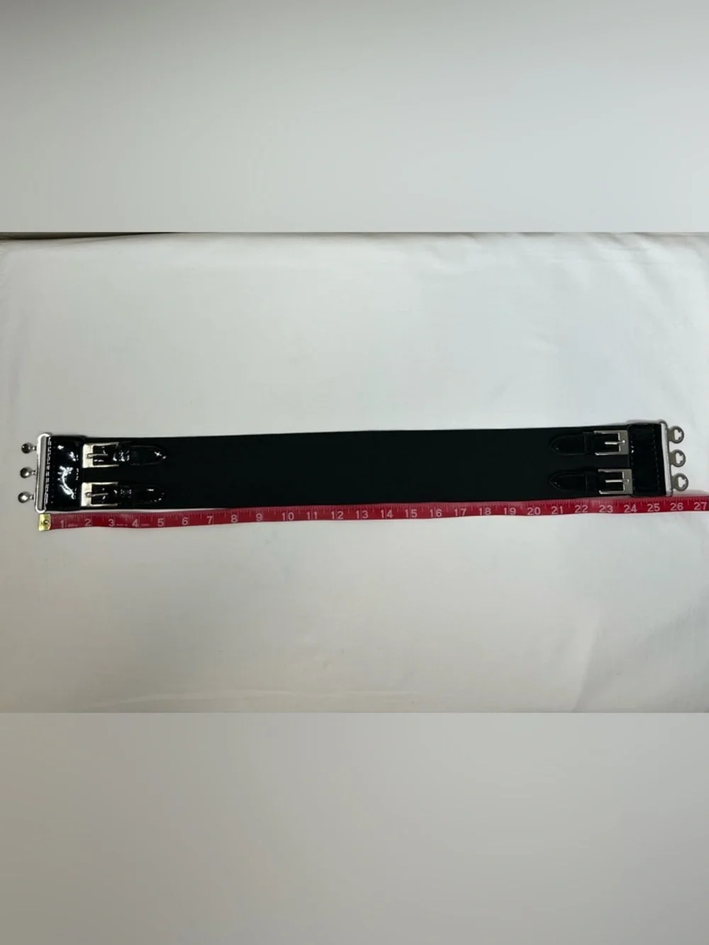 Wide Elastic‎ Corset Waist Black Belt Faux Patent Leather Silver Buckle Details_7